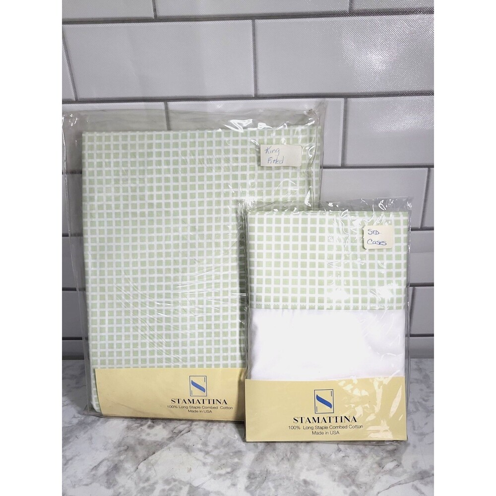 NWT Stamattina Lucia Light Green Grid King Flat Sheet & Shams Cotton Italy USA
